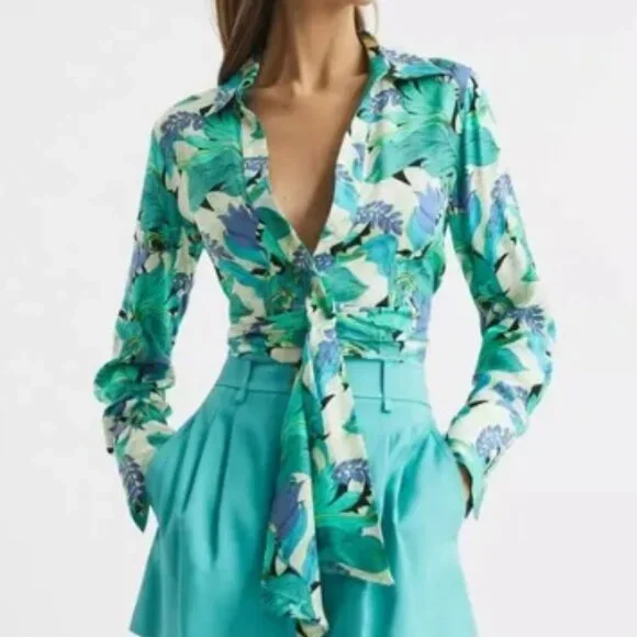 REISS Dana Tie Front Shirt – Aquamarine – US 4 – NWT - Picture 1 of 11